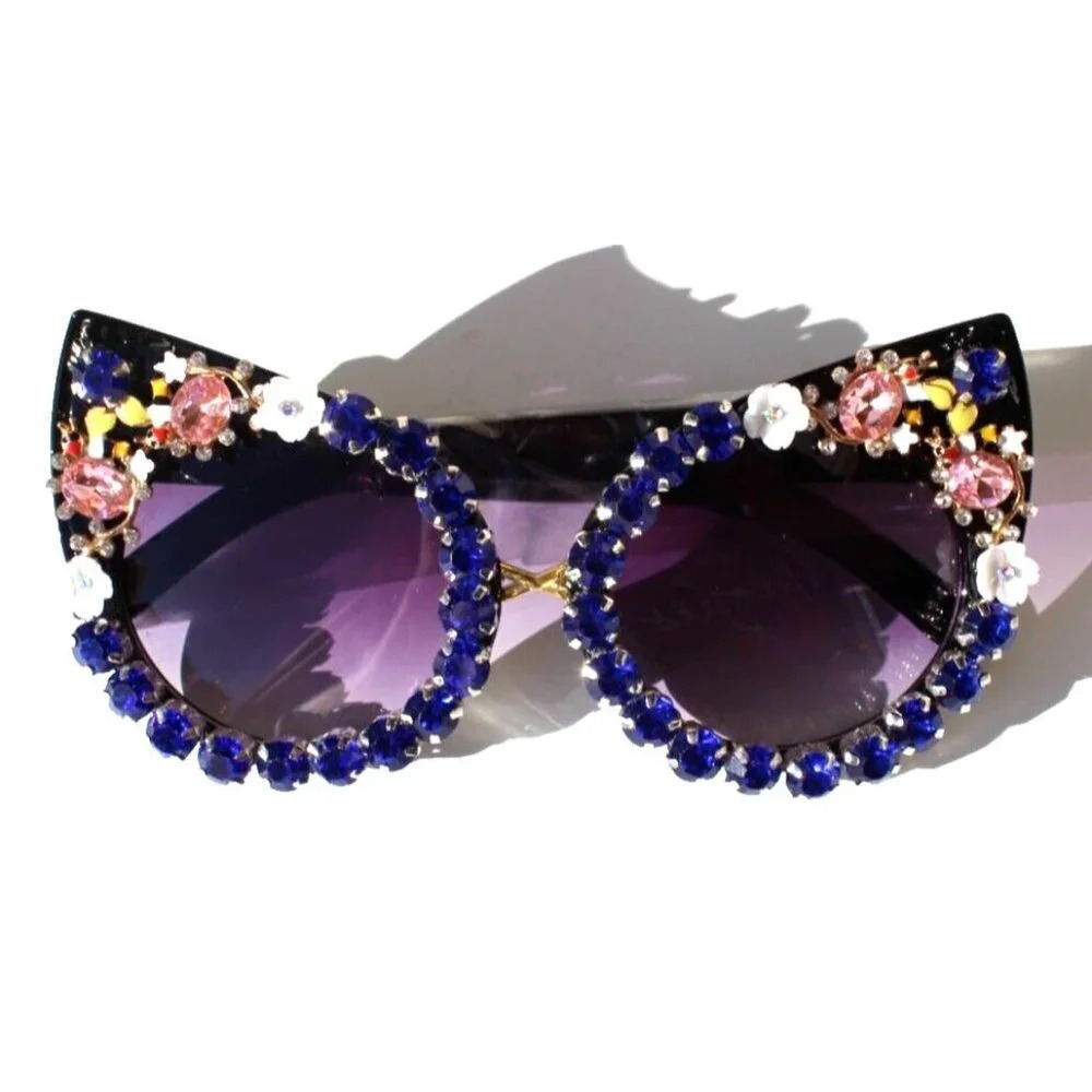 New Rhinestone Cat Eye Sunglasses Luxury Blue Black Flowers Bumble Bee Summer